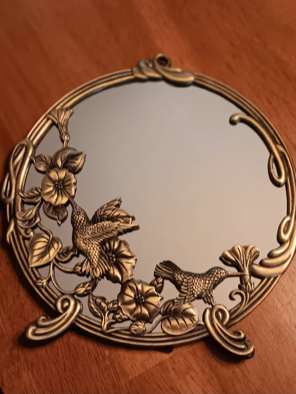 Andrea By Sadek VTG Brass Hummingbird Floral Round Standing/Hanging Mirror